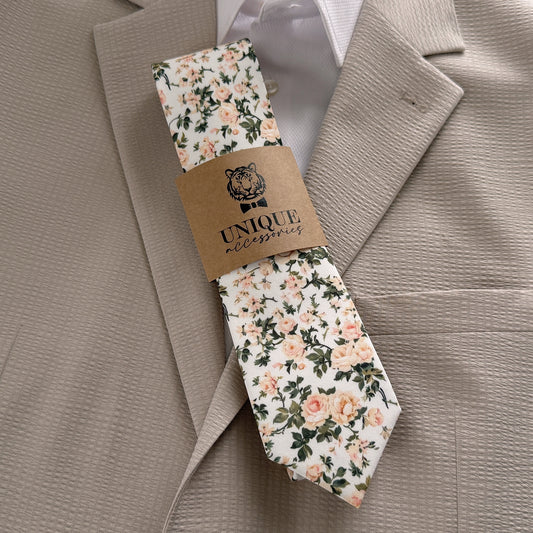 Ivory Rose Floral Tie Set for Men – Wedding Necktie & Pocket Square