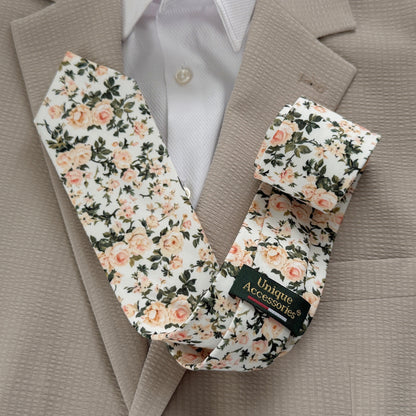 Ivory Rose Floral Tie Set for Men – Wedding Necktie & Pocket Square