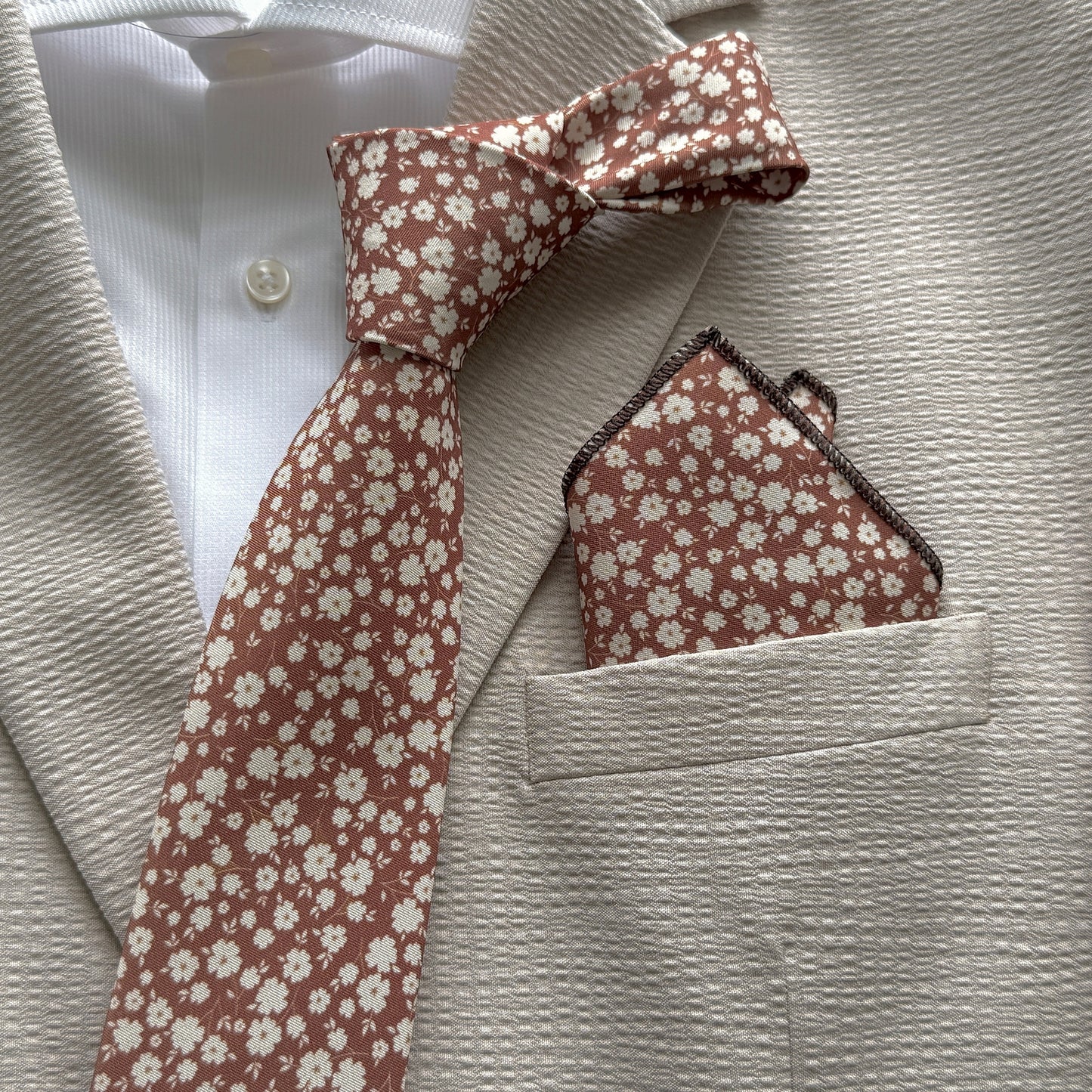 Terracotta Floral Tie Set for Men | Wedding Necktie
