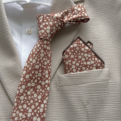 Terracotta Floral Tie Set for Men | Wedding Necktie