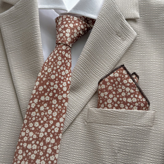 Terracotta Floral Tie Set for Men | Wedding Necktie