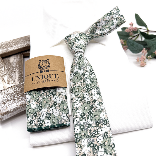 Dusty Pale Green Floral Necktie, Floral Men Necktie, Wedding Floral Ties