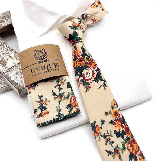 Ivory Necktie, Floral Necktie, Wedding Floral Ties, Groomsmen Floral Necktie, Groom Gift Tie, Weddings Tie
