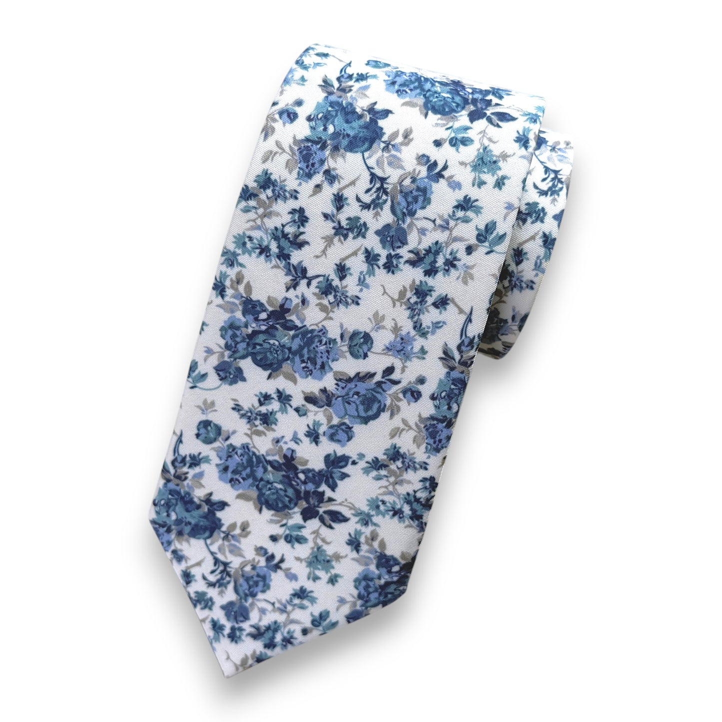 Dusty blue floral wedding necktie with matching pocket square