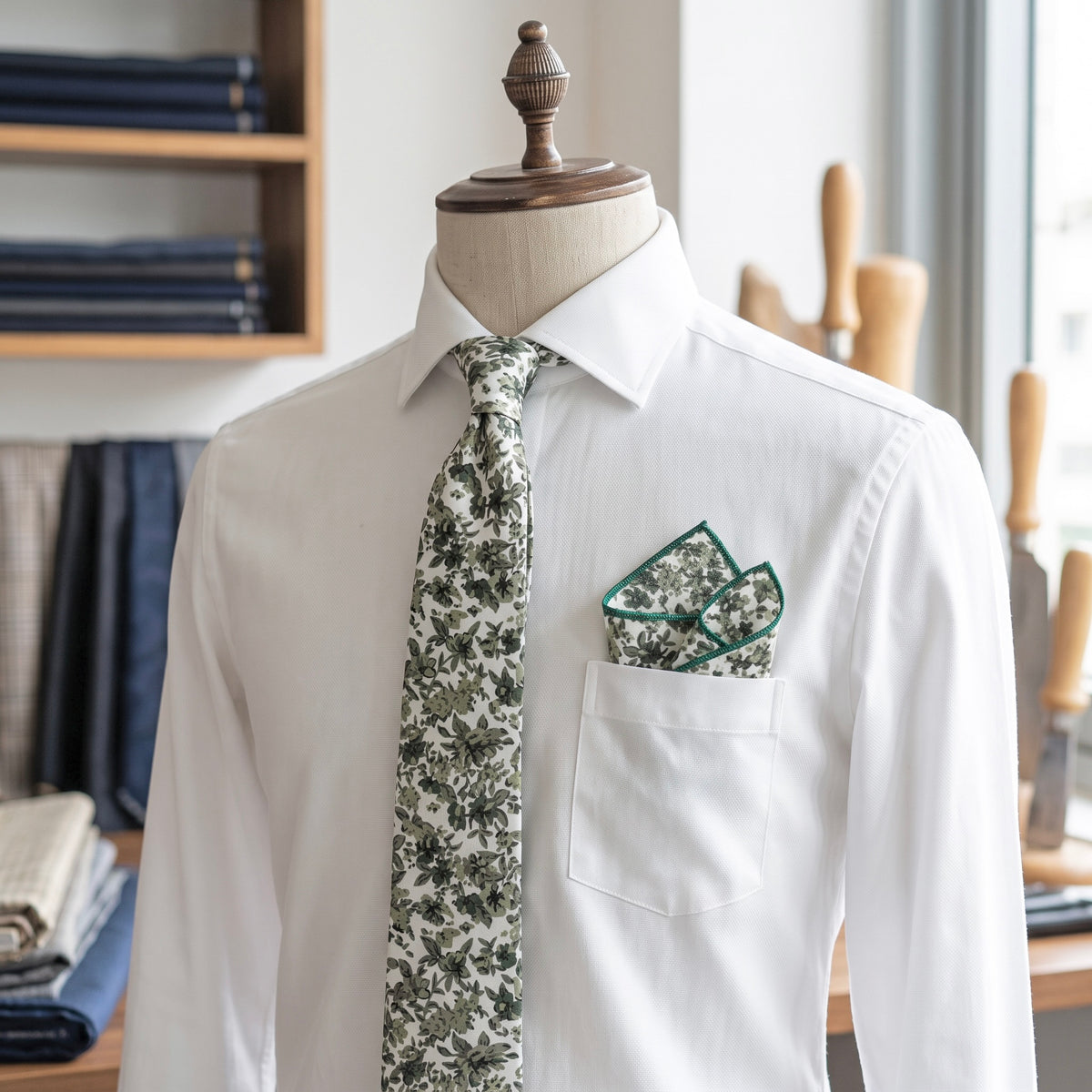 Olive Green Botanical Tie Set – Rustic Floral Necktie & Pocket Square for Wedding