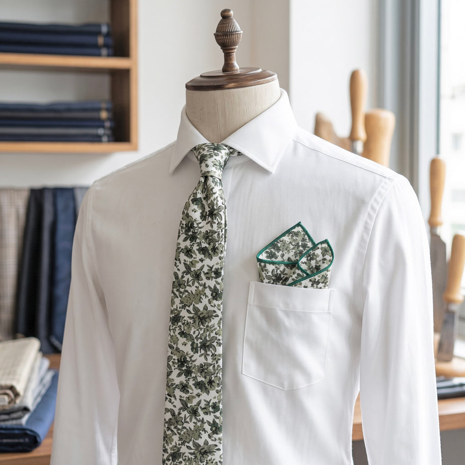 Olive Green Botanical Tie Set – Rustic Floral Necktie & Pocket Square for Wedding