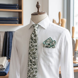 Olive Green Botanical Tie Set – Rustic Floral Necktie & Pocket Square for Wedding