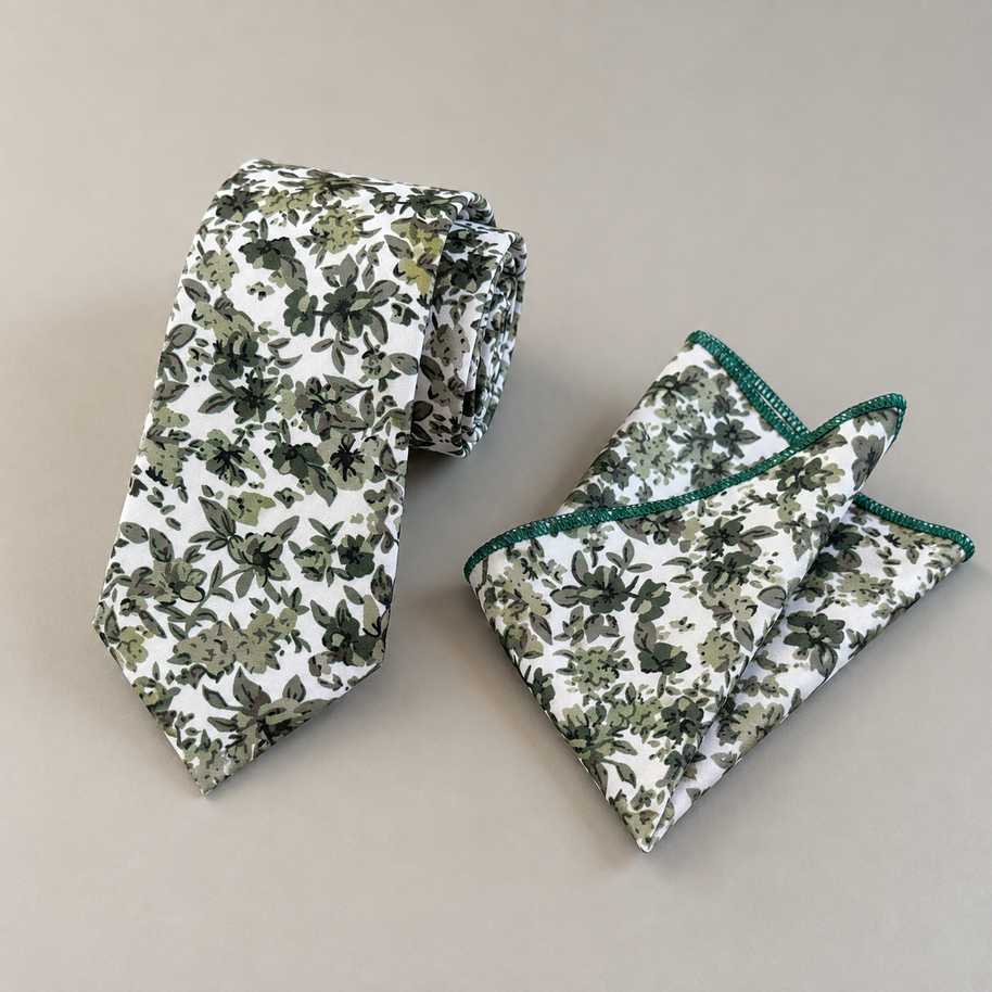 Olive Green Botanical Tie Set – Rustic Floral Necktie & Pocket Square for Wedding