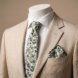 Olive Green Botanical Tie Set – Rustic Floral Necktie & Pocket Square for Wedding