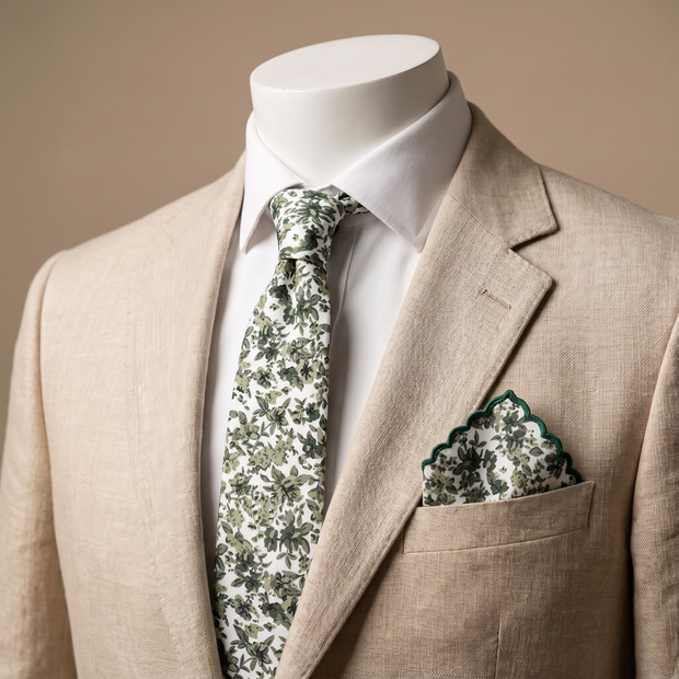 Olive Green Botanical Tie Set – Rustic Floral Necktie & Pocket Square for Wedding