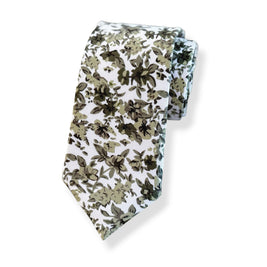 Olive Green Botanical Tie Set – Rustic Floral Necktie & Pocket Square for Wedding