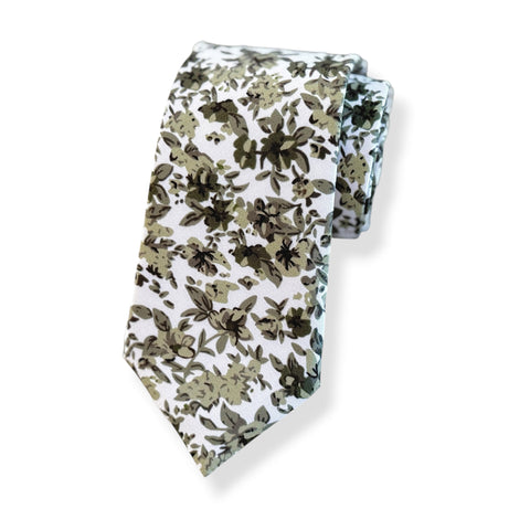Olive Green Botanical Tie Set – Rustic Floral Necktie & Pocket Square for Wedding