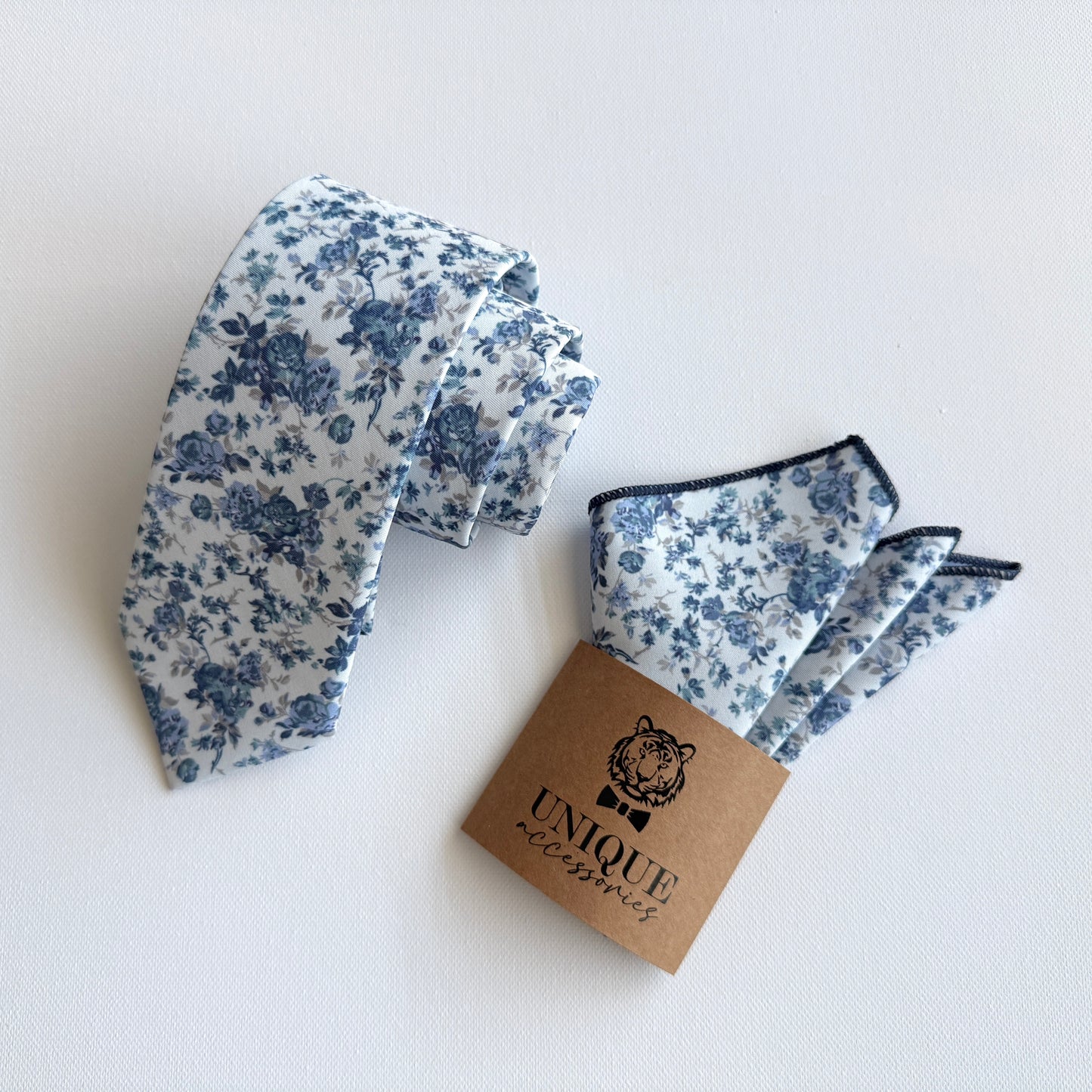 Dusty Blue Floral Necktie & Pocket Square Set – Wedding Tie