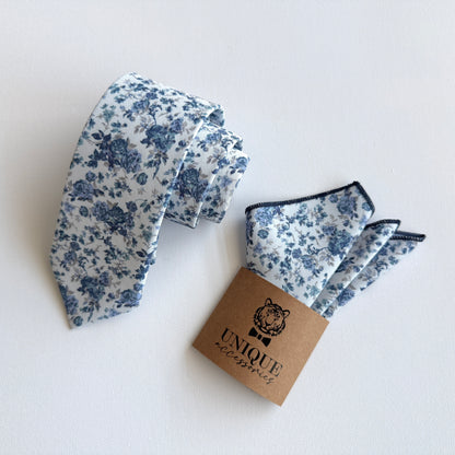 Dusty Blue Floral Necktie & Pocket Square Set – Wedding Tie