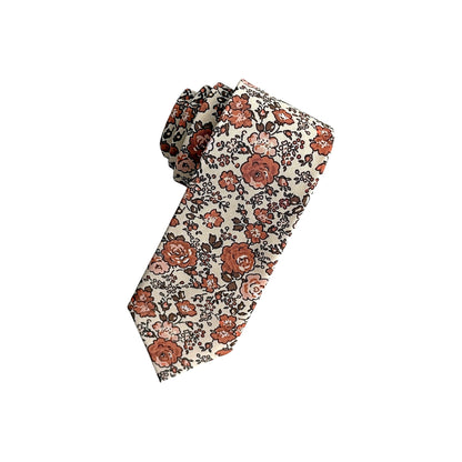 Rust Floral Tie & Pocket Square – Terracotta Wedding Necktie Set for Men
