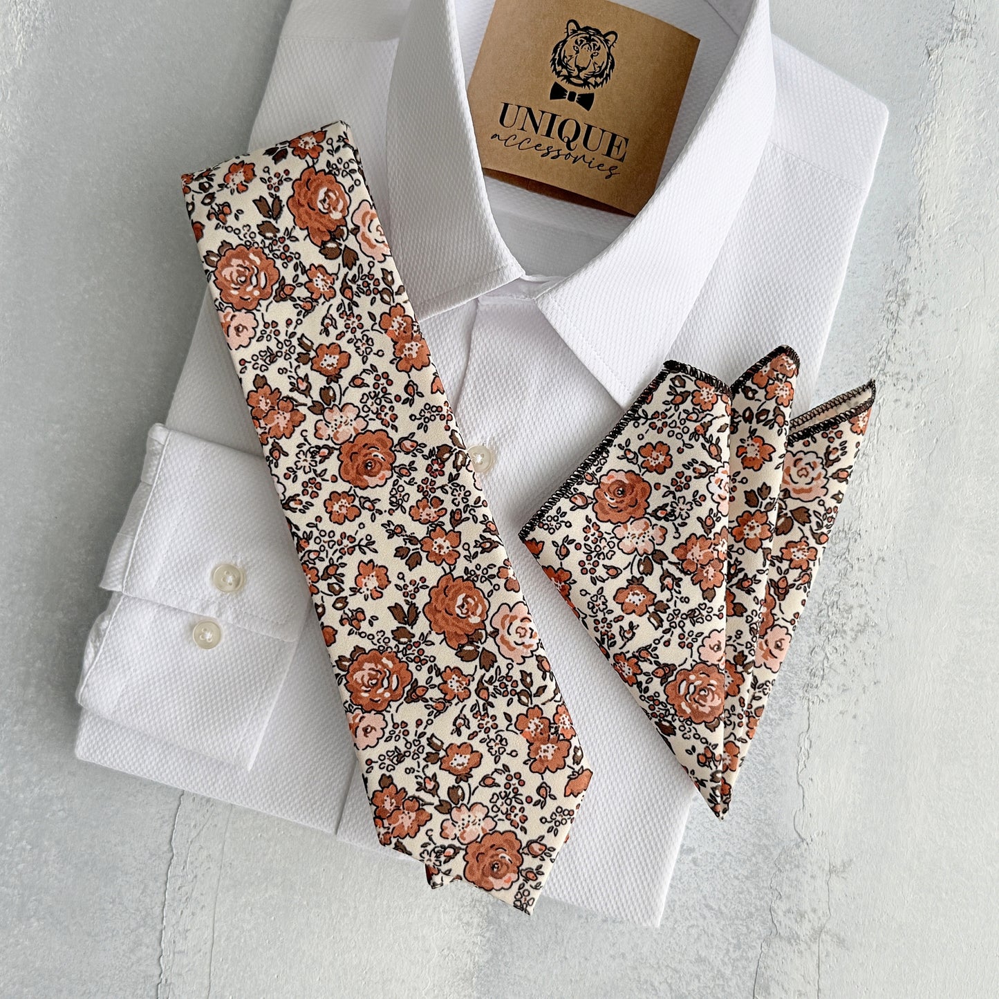 Rust Floral Tie & Pocket Square – Terracotta Wedding Necktie Set for Men