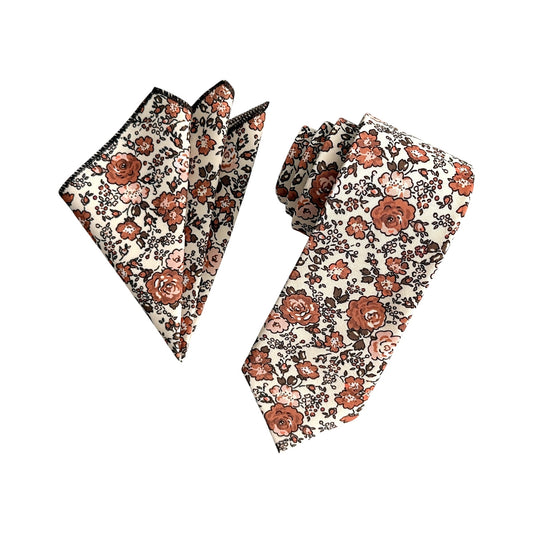 Rust Floral Tie & Pocket Square – Terracotta Wedding Necktie Set for Men