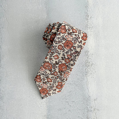 Rust Floral Tie & Pocket Square – Terracotta Wedding Necktie Set for Men