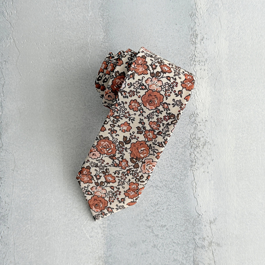 Rust Floral Tie & Pocket Square – Terracotta Wedding Necktie Set for Men