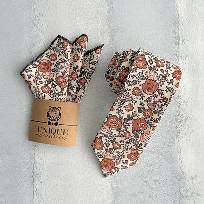 Rust Floral Tie & Pocket Square – Terracotta Wedding Necktie Set for Men