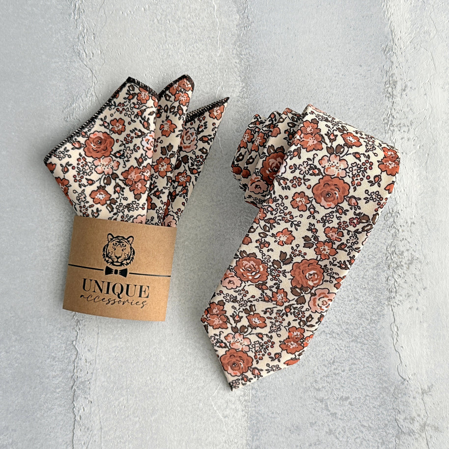 Rust Floral Tie & Pocket Square – Terracotta Wedding Necktie Set for Men