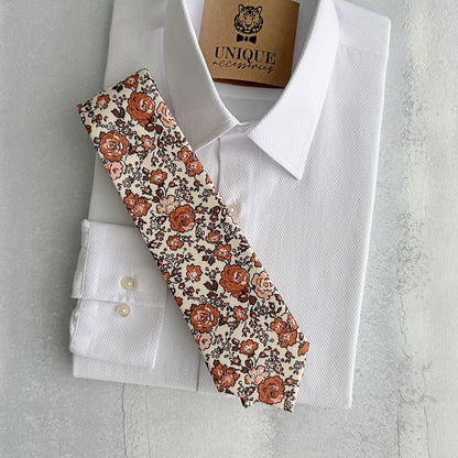 Rust Floral Tie & Pocket Square – Terracotta Wedding Necktie Set for Men
