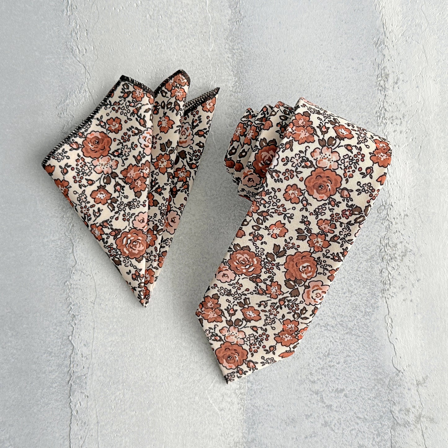 Rust Floral Tie & Pocket Square – Terracotta Wedding Necktie Set for Men