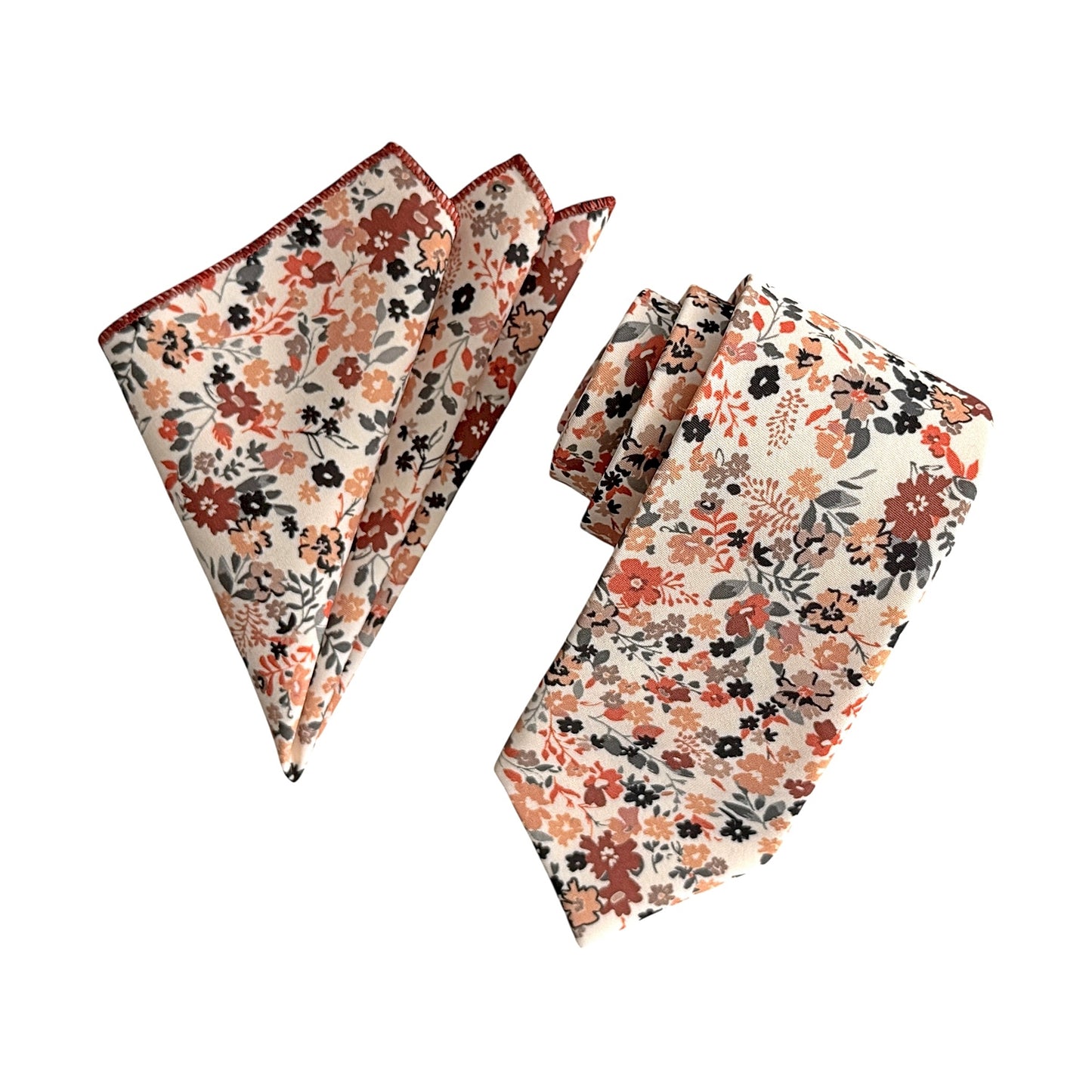 Brunt Orange Floral Tie Set – Fall Wedding Necktie & Pocket Square for Men