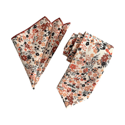 Brunt Orange Floral Tie Set – Fall Wedding Necktie & Pocket Square for Men