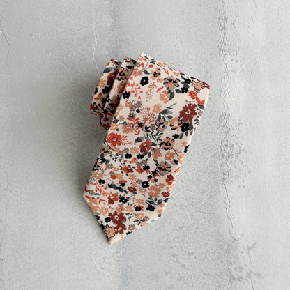 Brunt Orange Floral Tie Set – Fall Wedding Necktie & Pocket Square for Men