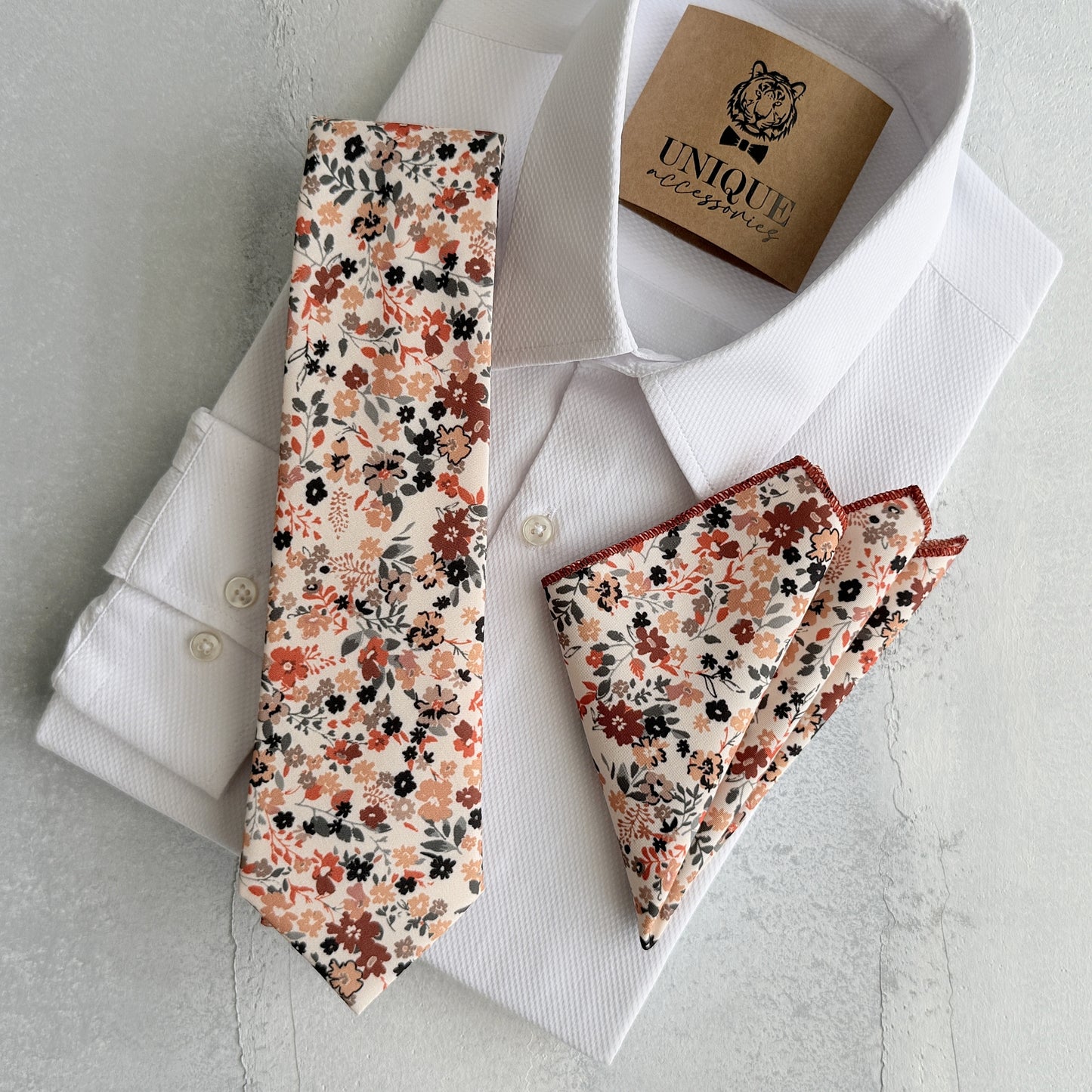 Brunt Orange Floral Tie Set – Fall Wedding Necktie & Pocket Square for Men
