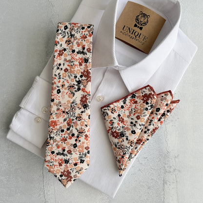 Brunt Orange Floral Tie Set – Fall Wedding Necktie & Pocket Square for Men