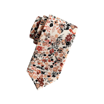 Brunt Orange Floral Tie Set – Fall Wedding Necktie & Pocket Square for Men
