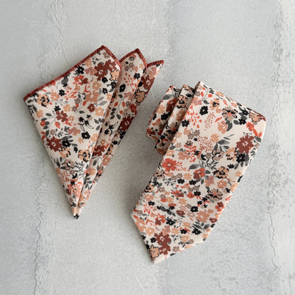 Brunt Orange Floral Tie Set – Fall Wedding Necktie & Pocket Square for Men