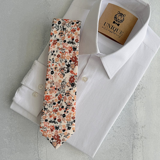 Brunt Orange Floral Tie Set – Fall Wedding Necktie & Pocket Square for Men