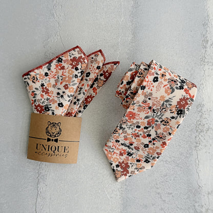 Brunt Orange Floral Tie Set – Fall Wedding Necktie & Pocket Square for Men