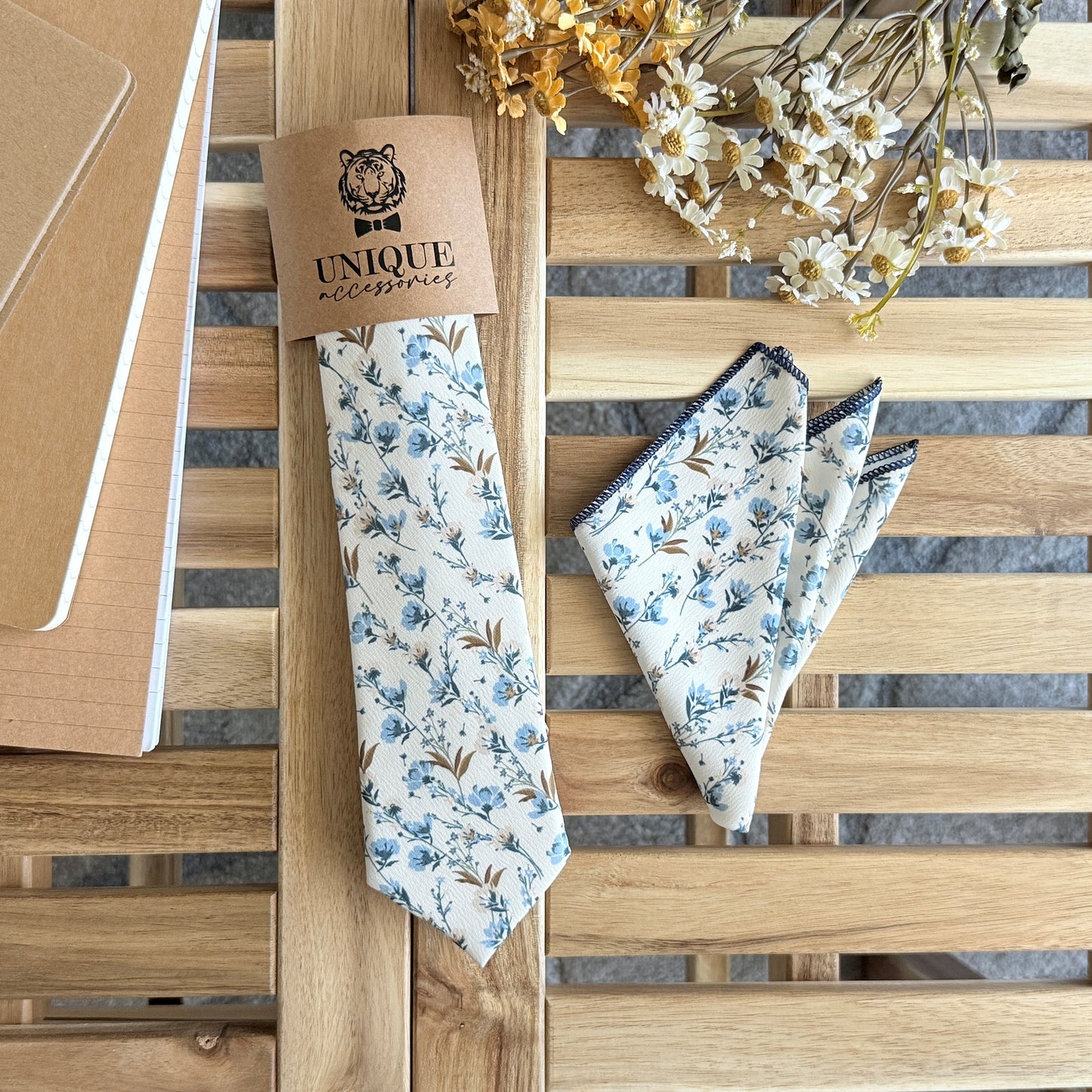Ivory Floral Tie and Pocket Square Set – Blue Flower Wedding Necktie for Men
