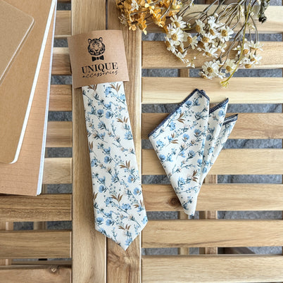 Ivory Floral Tie and Pocket Square Set – Blue Flower Wedding Necktie for Men