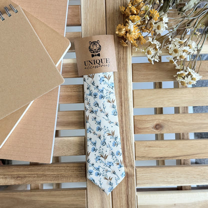 Ivory Floral Tie and Pocket Square Set – Blue Flower Wedding Necktie for Men