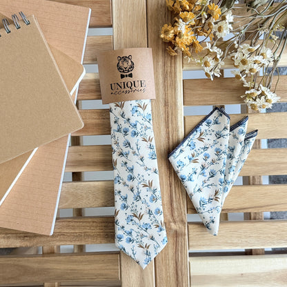 Ivory Floral Tie and Pocket Square Set – Blue Flower Wedding Necktie for Men