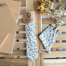 Ivory Floral Tie and Pocket Square Set – Blue Flower Wedding Necktie for Men