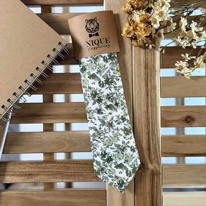 Olive Green Botanical Tie Set – Rustic Floral Necktie & Pocket Square for Wedding