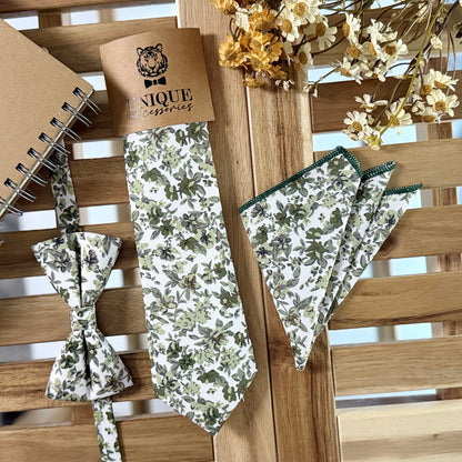Olive Green Botanical Tie Set – Rustic Floral Necktie & Pocket Square for Wedding