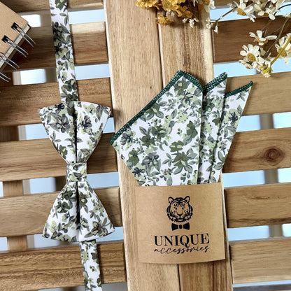 Olive Green Botanical Tie Set – Rustic Floral Necktie & Pocket Square for Wedding