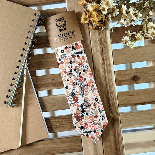 Brunt Orange Floral Tie Set – Fall Wedding Necktie & Pocket Square for Men