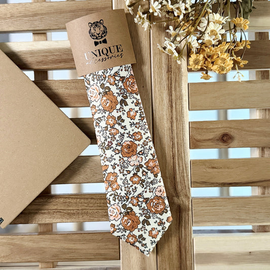Rust Floral Tie & Pocket Square – Terracotta Wedding Necktie Set for Men