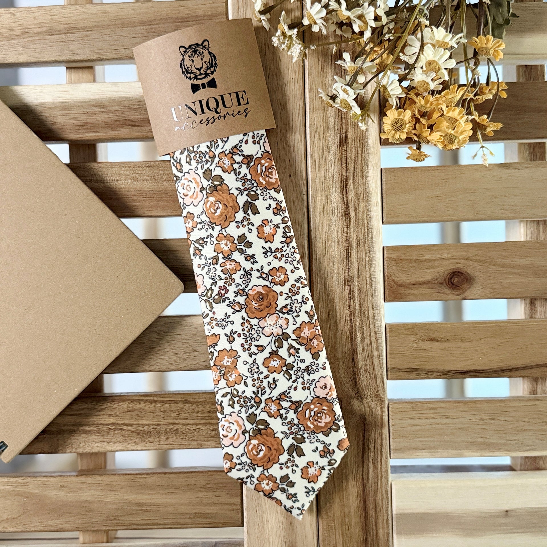 Rust Floral Tie Pocket Square – Terracotta Wedding Necktie Set