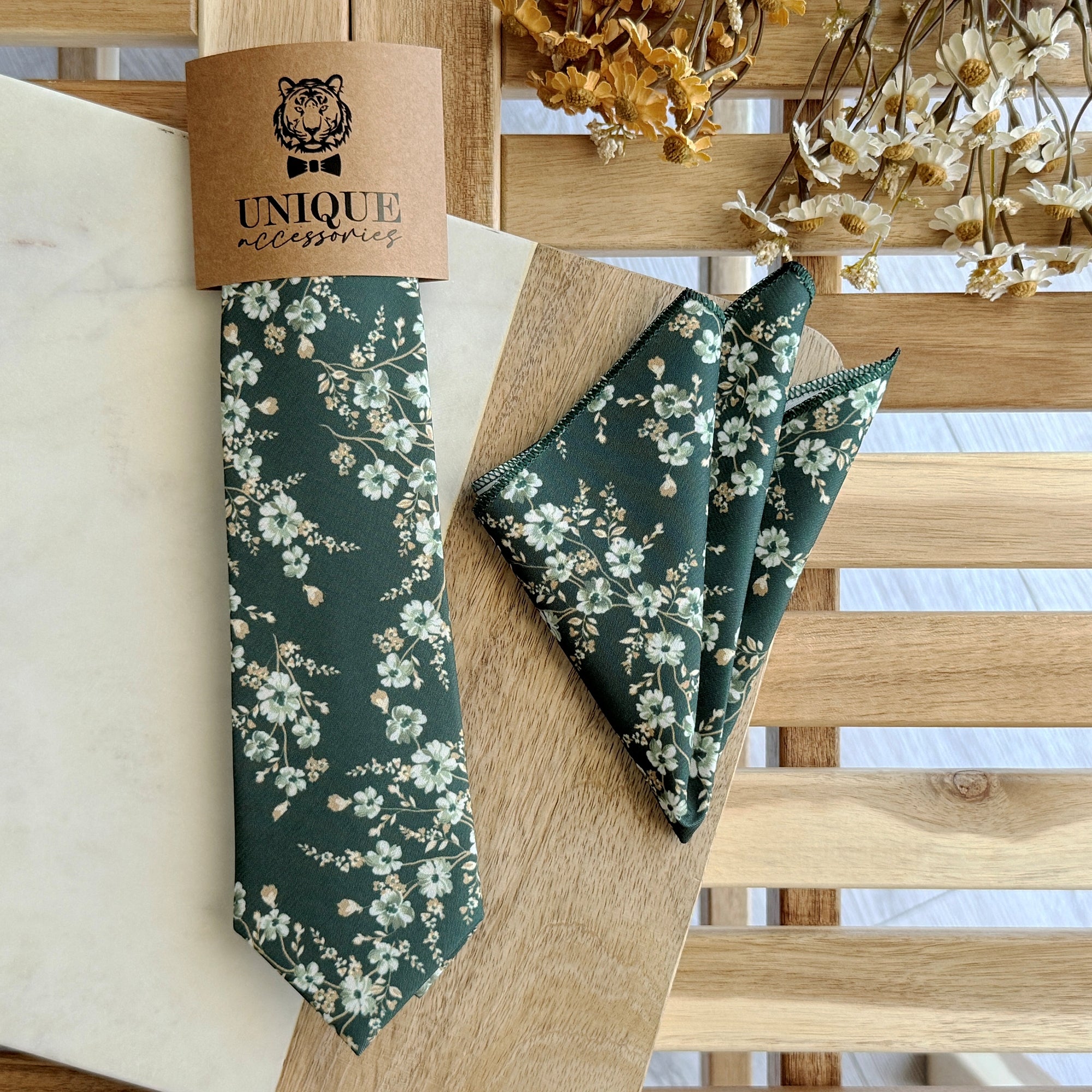 Dark Green Floral Tie Set – Wedding Necktie & Pocket Square for Men