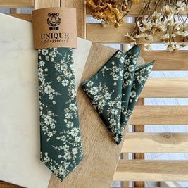 Dark Green Floral Tie Set – Wedding Necktie & Pocket Square for Men
