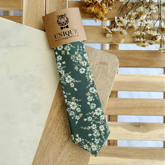 Dark Green Floral Tie Set – Wedding Necktie & Pocket Square for Men